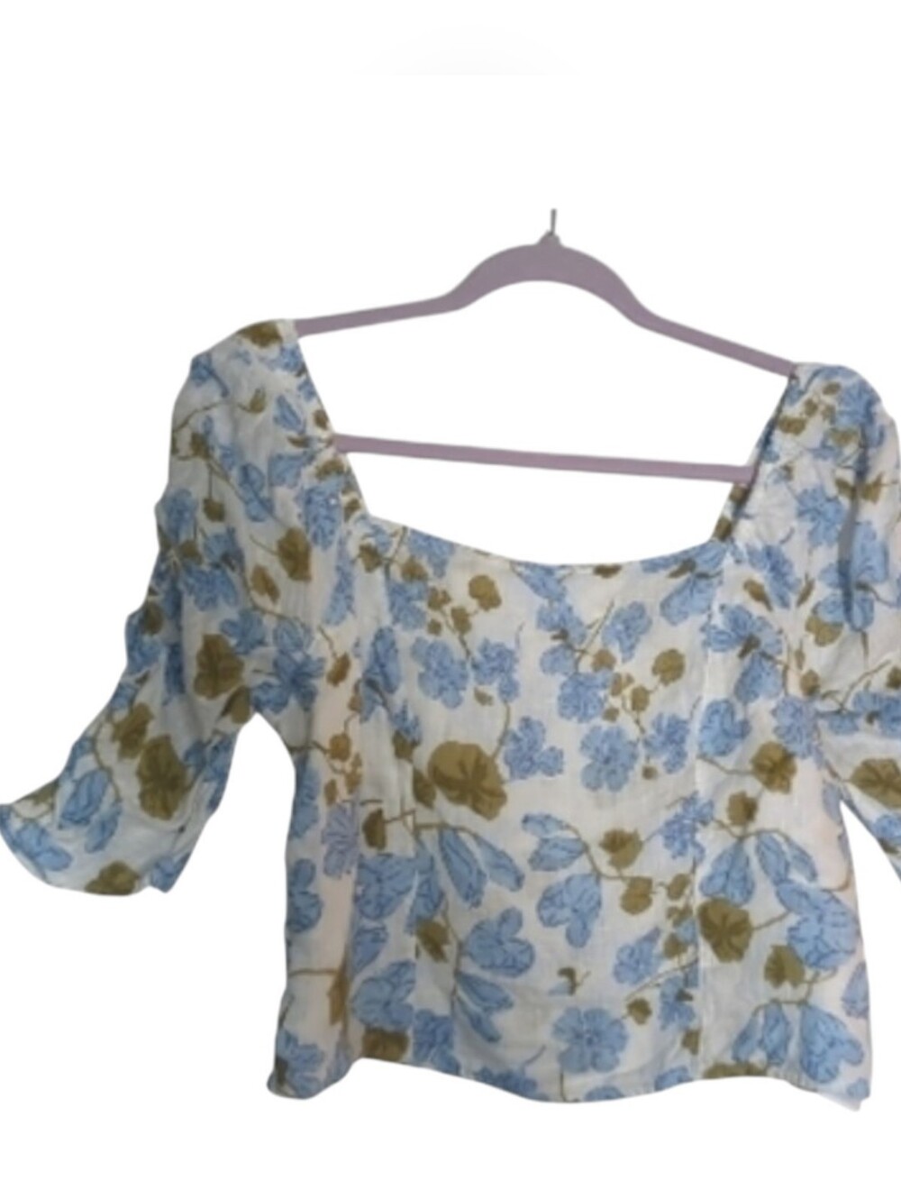 Joie Large Linen Floral Square-Neck Puff Sleeve Crop Blouse Cottage Coquettecore